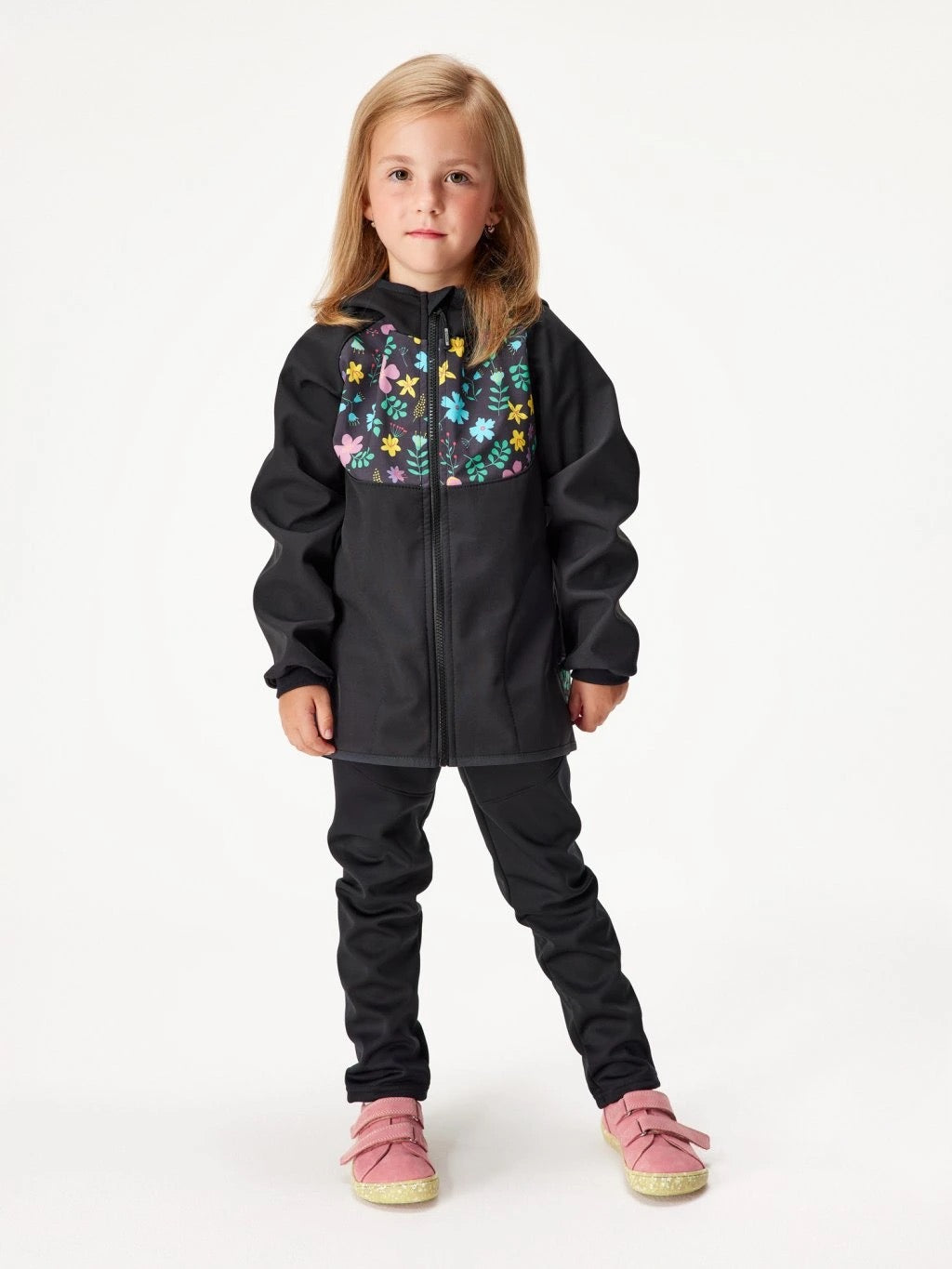 Kinder Softshelljacke mit Fleece, Schwarz, Blumen
